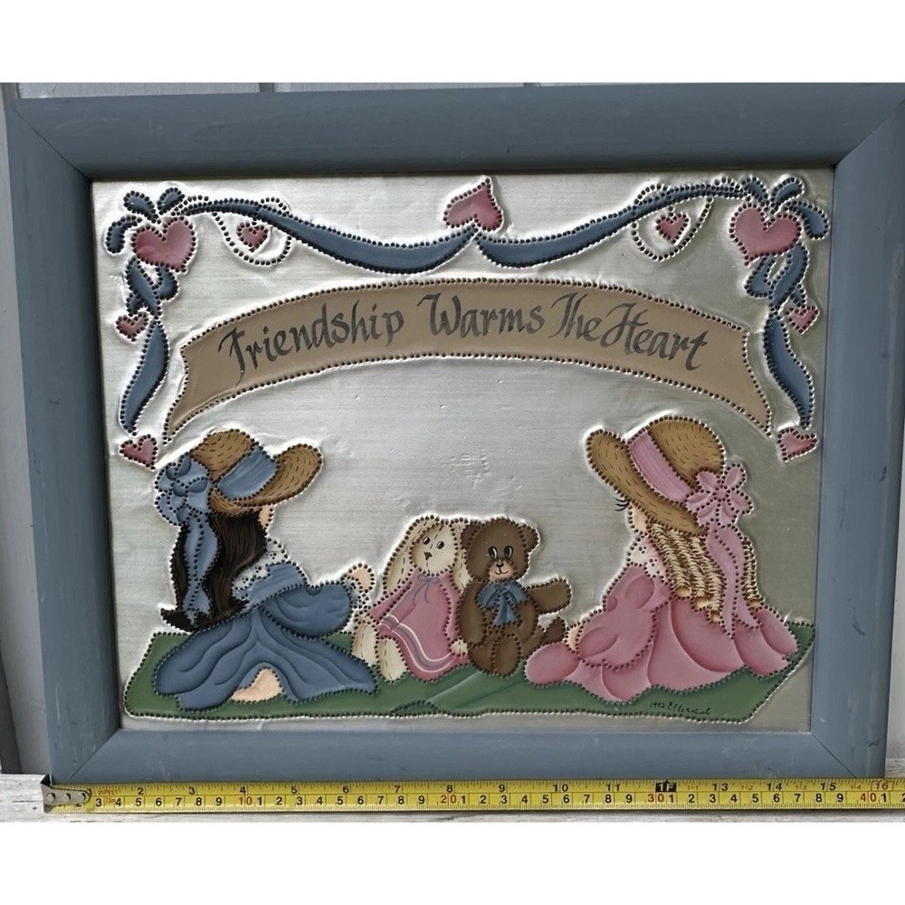 Vintage 1992 Hand Painted Tin Punched Girls Rabbit Bear Picture Signed Framed - Picture 14 of 14